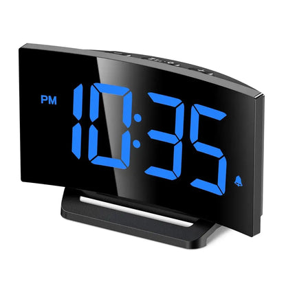 Digital Alarm Clock for Bedrooms - Curved Design with Blue LED Display