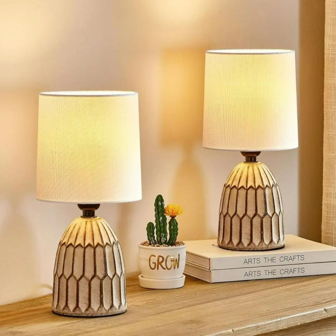 BohoLuxe Ceramic Table Lamp Set - Elegant Small Bedside Lamps with Fabric Shade