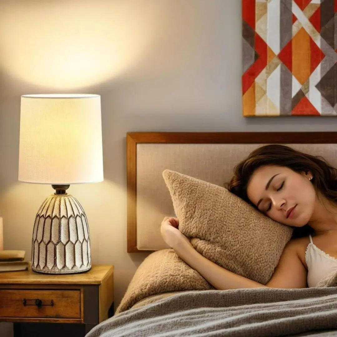 BohoLuxe Ceramic Table Lamp Set - Elegant Small Bedside Lamps with Fabric Shade