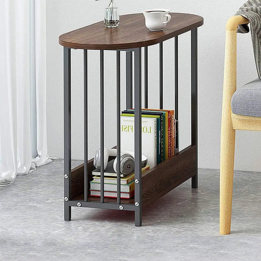 Oval End Table with Storage - Slim Wooden Side Table with Metal Frame