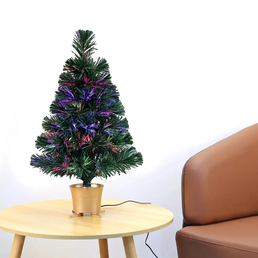 60/80 cm Pre Lit Christmas Tree - Fiber Optic LED Mini Holiday Tree with Gold Base