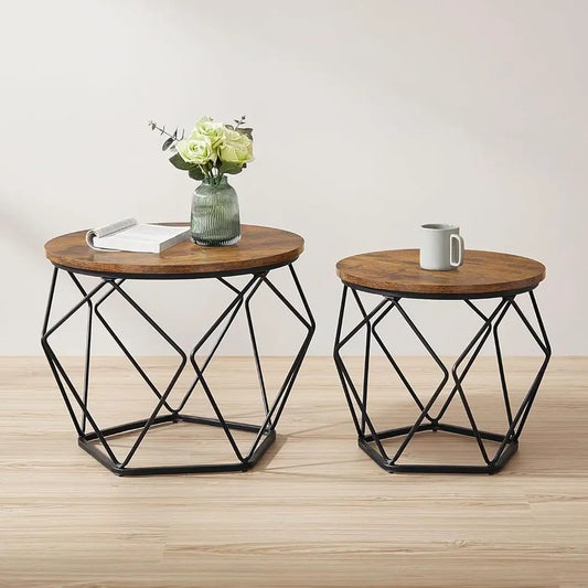 Set of 2 Coffee Tables - Industrial Round Side Tables