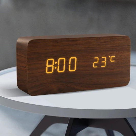 Rectangular Wooden LED Alarm Clock - Minimalist Desk Clock with Temperature Display