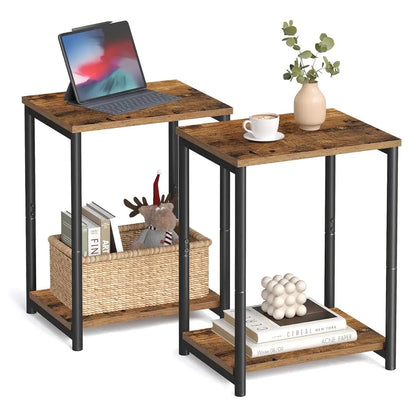 Set of 2 Rustic Industrial Side Tables - 2 Tier Bedside Coffee Tables