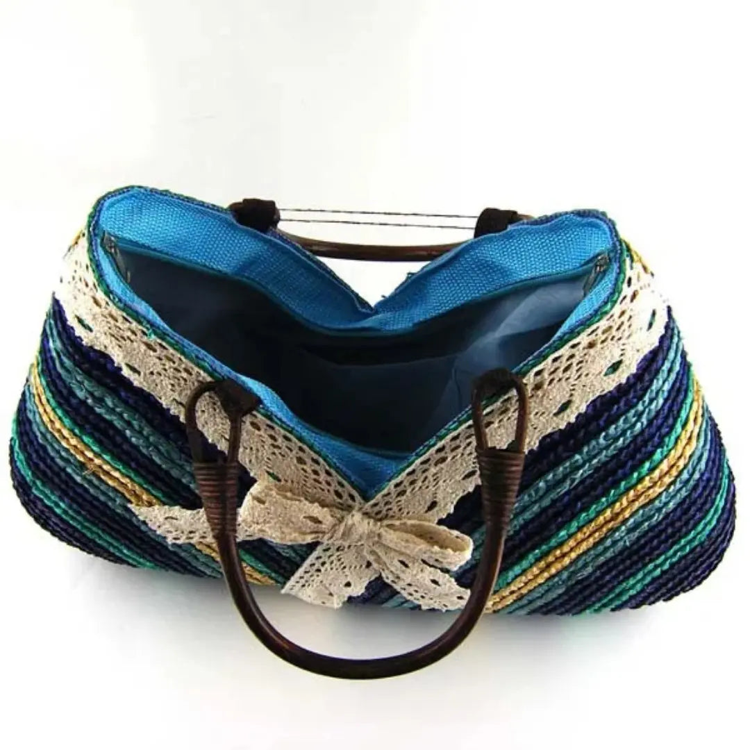 Straw Tote Bag for Women - Handmade Woven Beach Bag with Lace Bow for Summer Travel