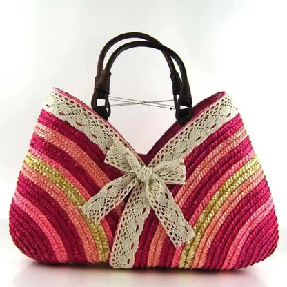 Straw Tote Bag for Women - Handmade Woven Beach Bag with Lace Bow for Summer Travel