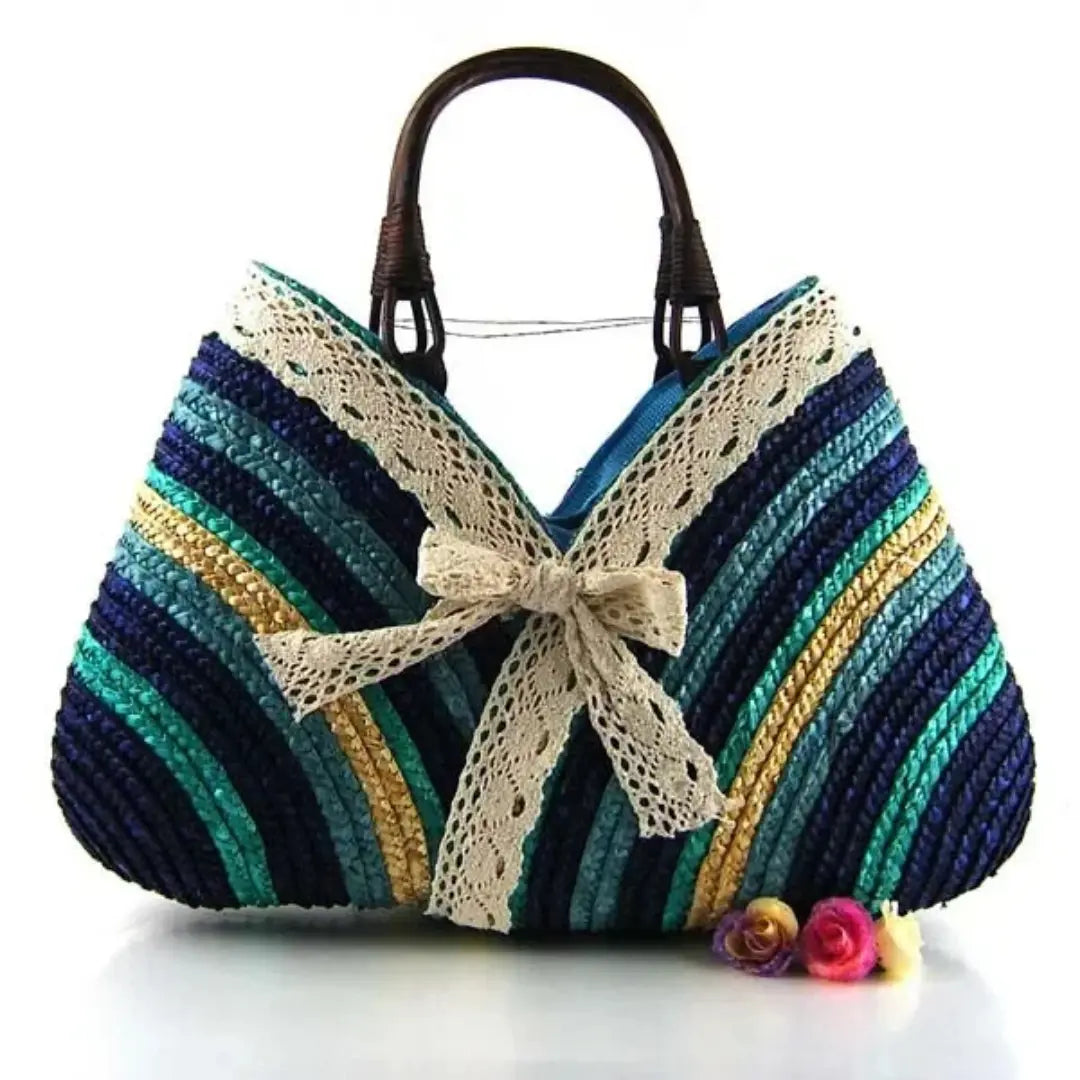 Straw Tote Bag for Women - Handmade Woven Beach Bag with Lace Bow for Summer Travel