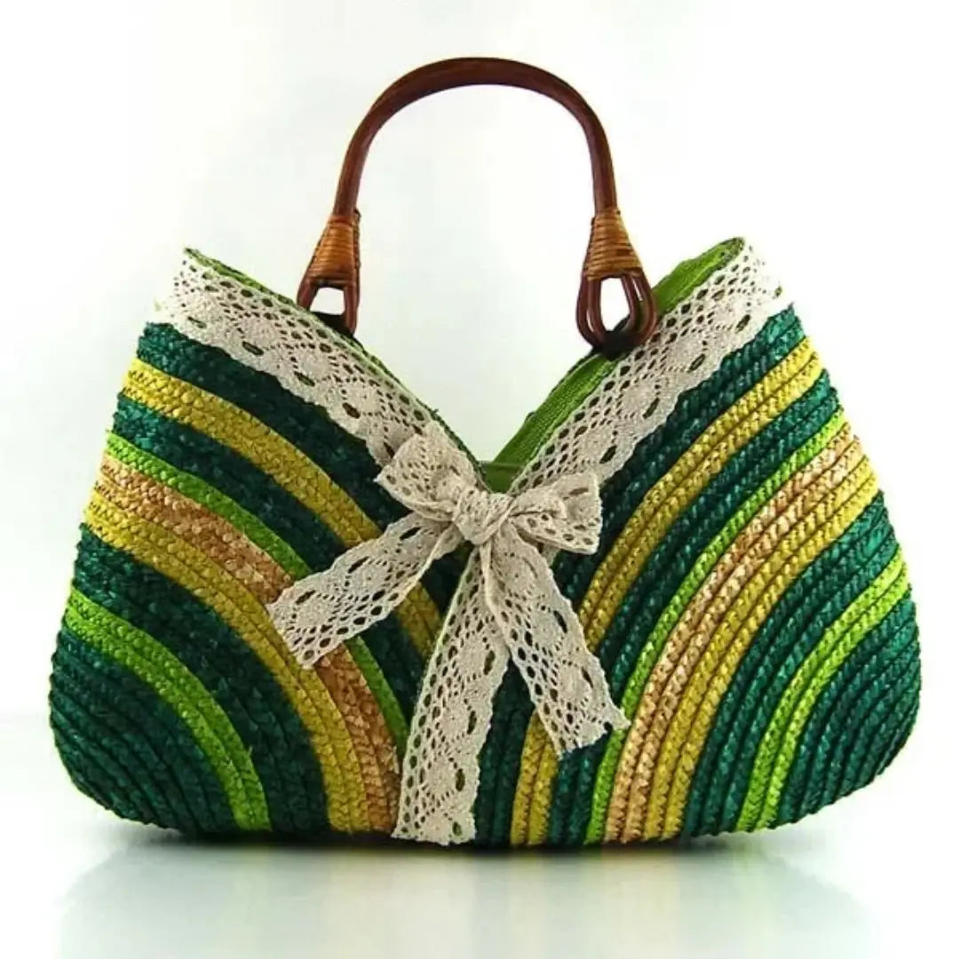 Straw Tote Bag for Women - Handmade Woven Beach Bag with Lace Bow for Summer Travel