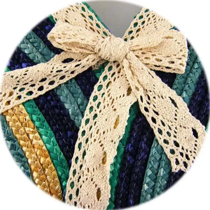 Straw Tote Bag for Women - Handmade Woven Beach Bag with Lace Bow for Summer Travel