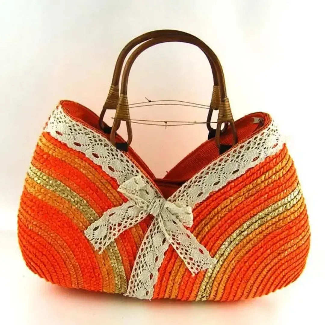 Straw Tote Bag for Women - Handmade Woven Beach Bag with Lace Bow for Summer Travel