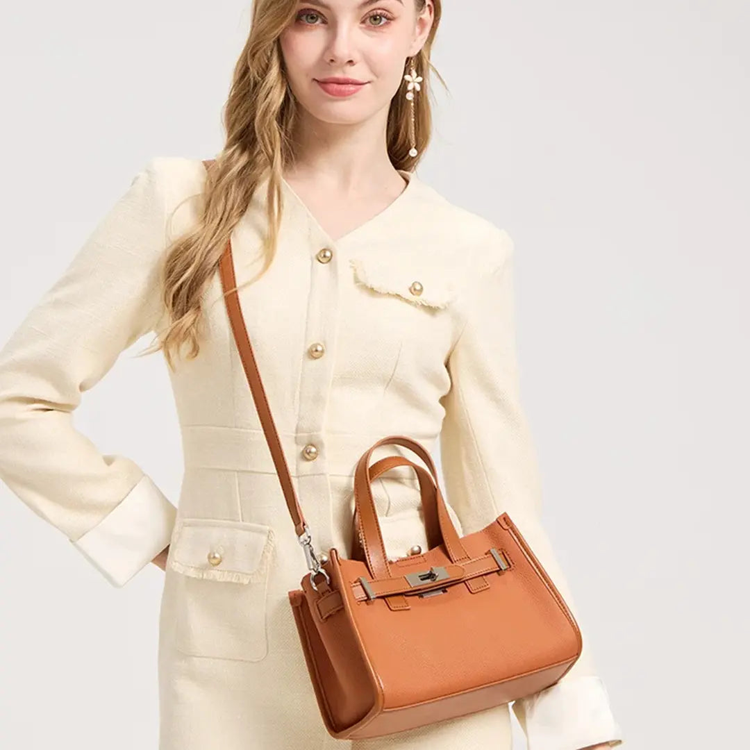 Eloria – Genuine Leather Satchel Tote Bag with Signature Lock Detail
