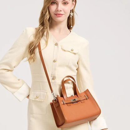 Eloria – Genuine Leather Satchel Tote Bag with Signature Lock Detail