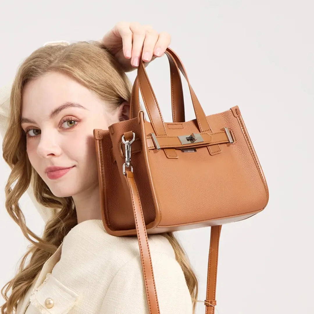 Eloria – Genuine Leather Satchel Tote Bag with Signature Lock Detail