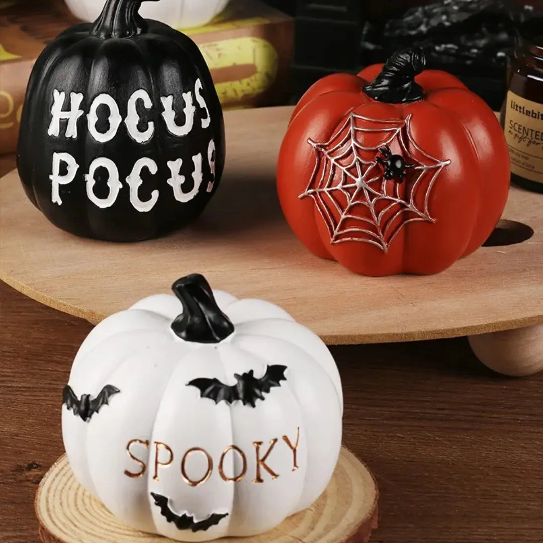 Set of 4 Halloween Resin Pumpkin Decorations - Boo, Hocus Pocus, Spooky and Spider Web Ornaments