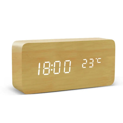 Rectangular Wooden LED Alarm Clock - Minimalist Desk Clock with Temperature Display