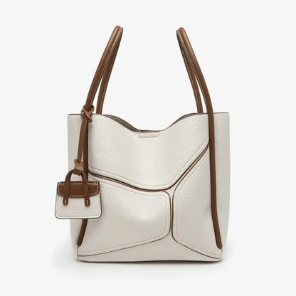 Novira – Cowhide Leather Tote Bag with Geometric Stitching & Magnetic Closure