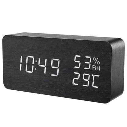 Rectangular Wooden LED Alarm Clock - Minimalist Desk Clock with Temperature Display