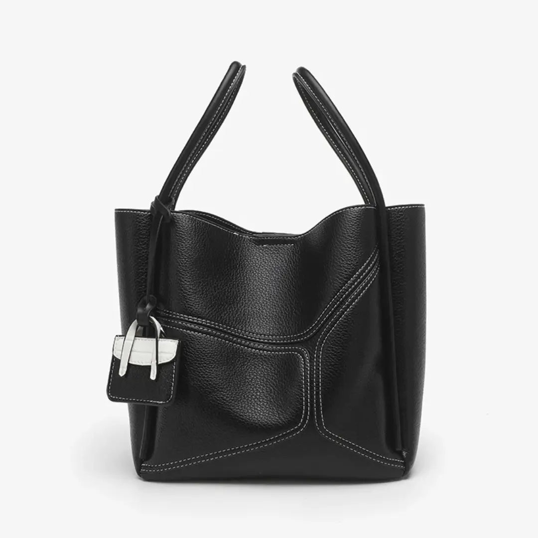 Novira – Cowhide Leather Tote Bag with Geometric Stitching & Magnetic Closure