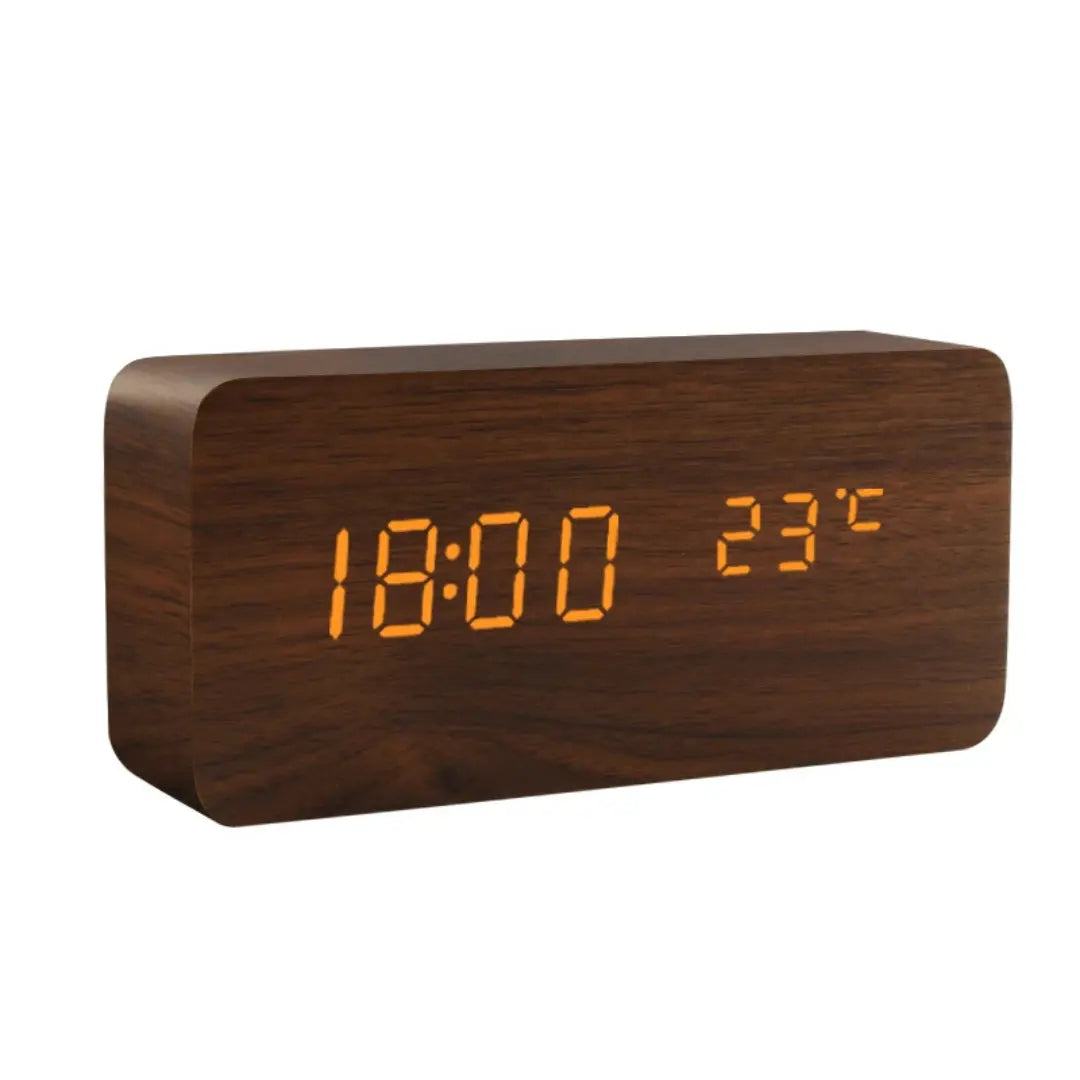 Rectangular Wooden LED Alarm Clock - Minimalist Desk Clock with Temperature Display