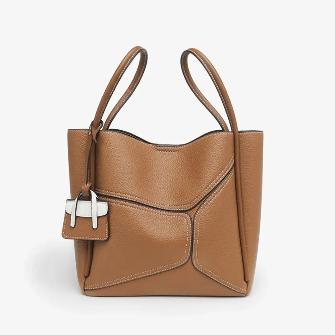 Novira – Cowhide Leather Tote Bag with Geometric Stitching & Magnetic Closure
