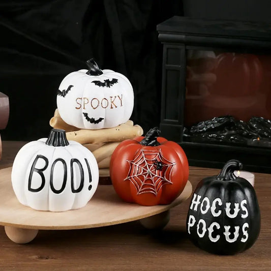 Set of 4 Halloween Resin Pumpkin Decorations - Boo, Hocus Pocus, Spooky and Spider Web Ornaments