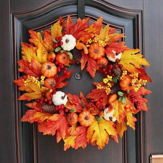 Fall Harvest Pumpkin Maple Leaf Wreath - Autumn Door Decoration