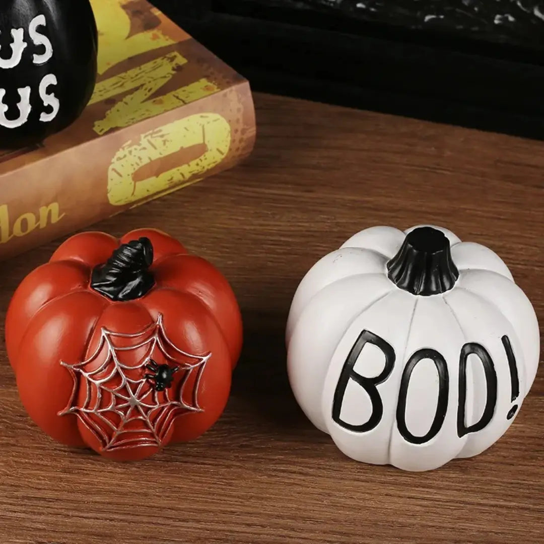 Set of 4 Halloween Resin Pumpkin Decorations - Boo, Hocus Pocus, Spooky and Spider Web Ornaments