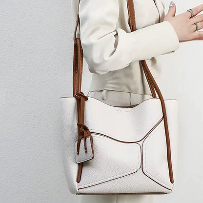 Novira – Cowhide Leather Tote Bag with Geometric Stitching & Magnetic Closure