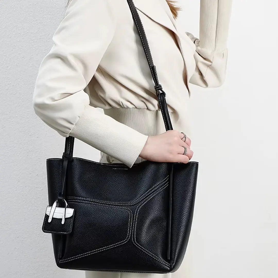 Novira – Cowhide Leather Tote Bag with Geometric Stitching & Magnetic Closure
