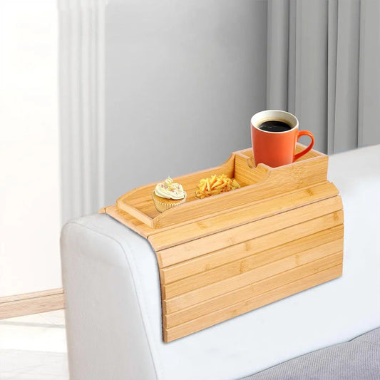 Couch Cup Holder Bamboo Wood Sofa Armrest Tray - Foldable and Anti-Slip