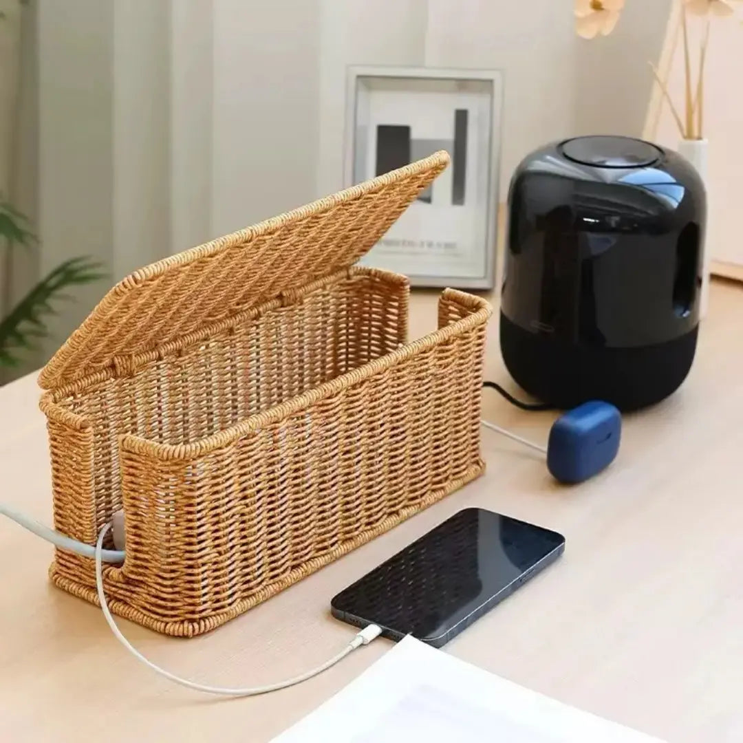 Hand-Woven Imitation Rattan Extension Cable Management Box with Cover