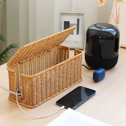 Hand-Woven Imitation Rattan Extension Cable Management Box with Cover