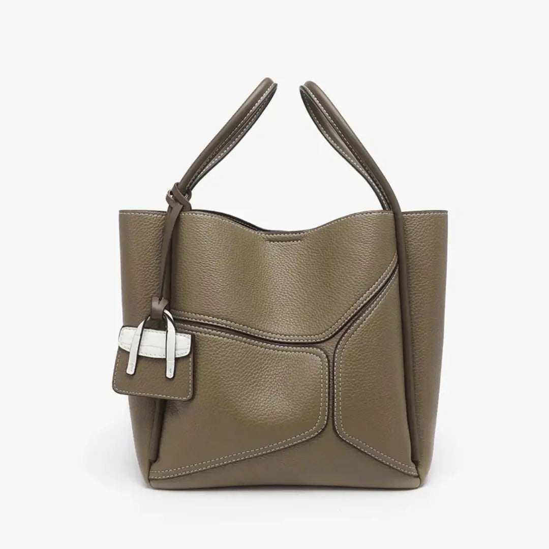 Novira – Cowhide Leather Tote Bag with Geometric Stitching & Magnetic Closure