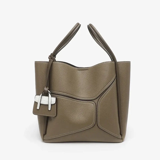 Novira – Cowhide Leather Tote Bag with Geometric Stitching & Magnetic Closure