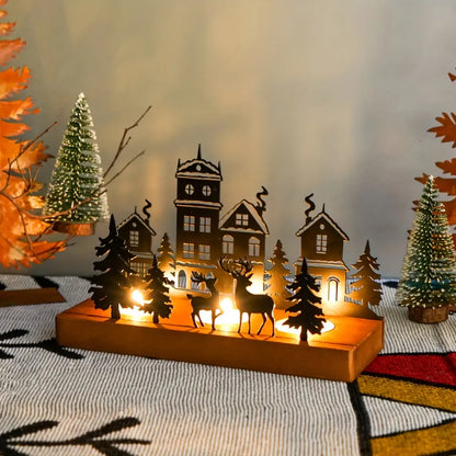 Christmas Tealight Candle Holder - Wooden Base and Metal House Design