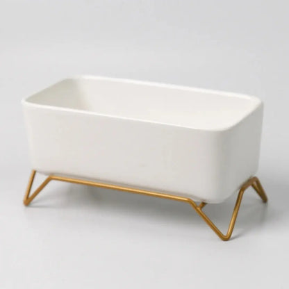 Small White Ceramic Succulent Planter with Gold Metal Stand