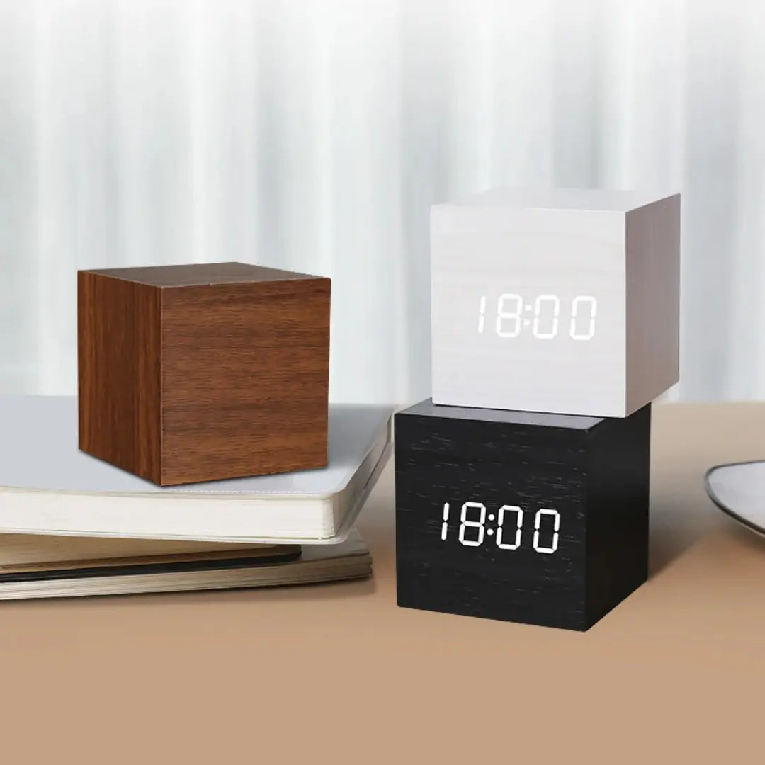 Cube Wooden LED Alarm Clock - Minimalist Digital Timepiece with Voice Control