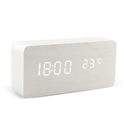 Rectangular Wooden LED Alarm Clock - Minimalist Desk Clock with Temperature Display