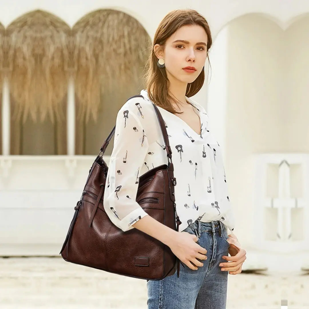 Sorena – Leather Messenger Tote Bag with Multi-Zip Pockets